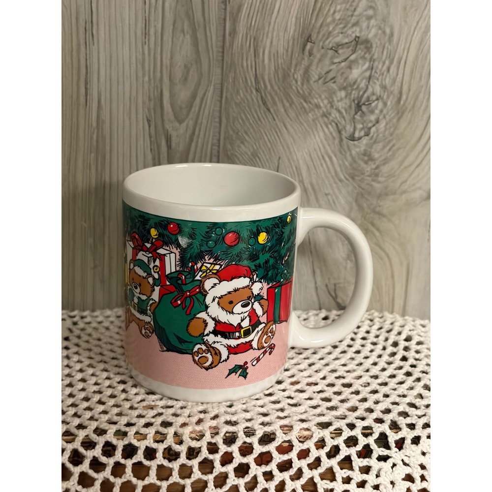 Vintage 1988 Houston Foods Christmas Teddy Bear Coffee Mug Ceramic Holiday Cup